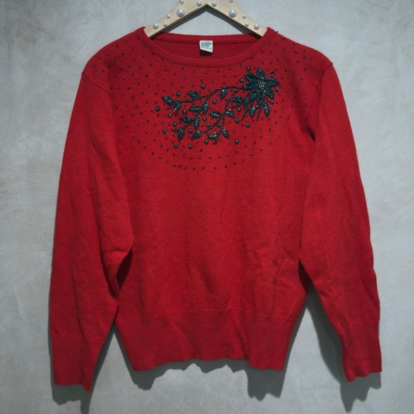 Unbranded Sweaters - Vintage Red Lambswool Angora Beaded Sweater, S/M, Luxury Floral Embellished Knit